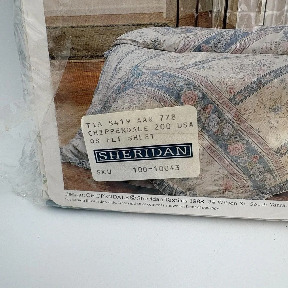 Vintage Sheridan Cordella Queen Flat Sheet Blue Cream Floral Cottagecore NIP